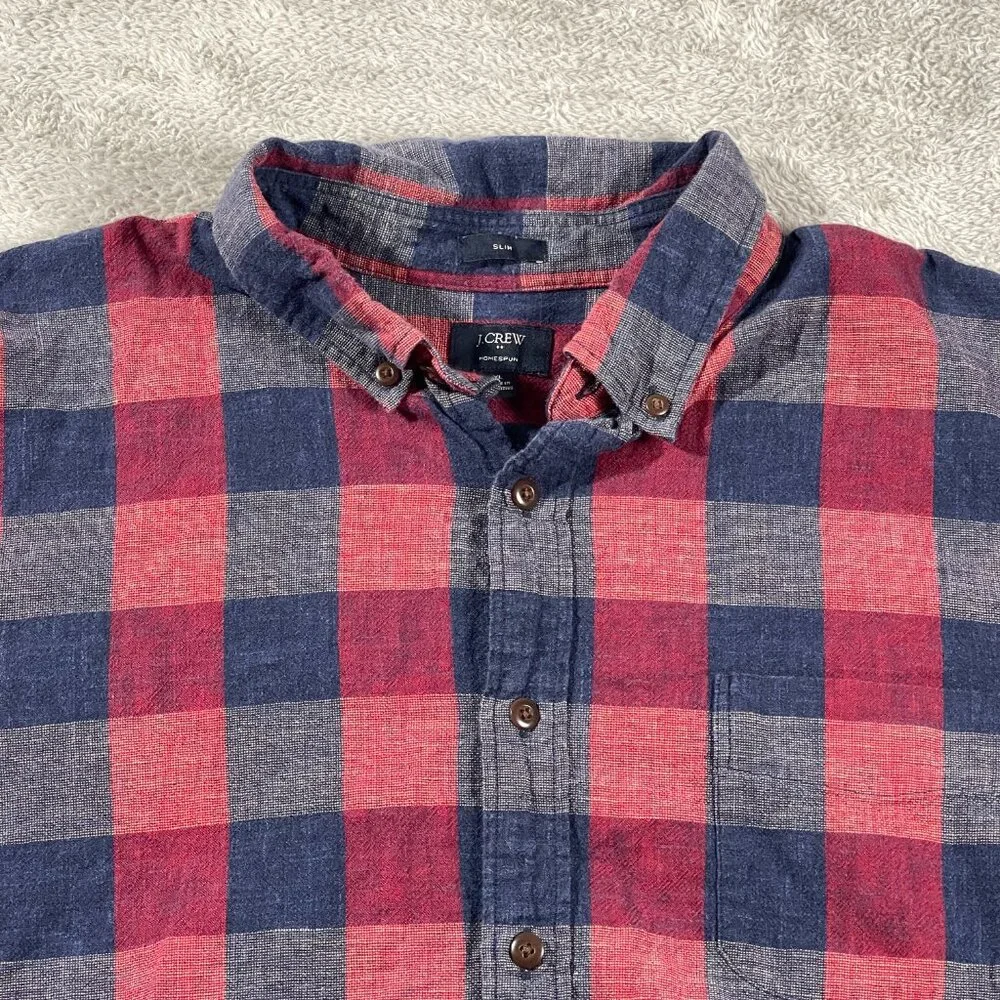 J. Crew Red Blue Plaid Check Homespun Collar Slim Shirt XL Button Down Outdoorsy